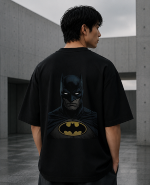 Model wearing black oversized Dark Nocturne graphic t-shirt with back artwork.