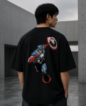 Model wearing black oversized graphic t-shirt with Valor Shield artwork on the back