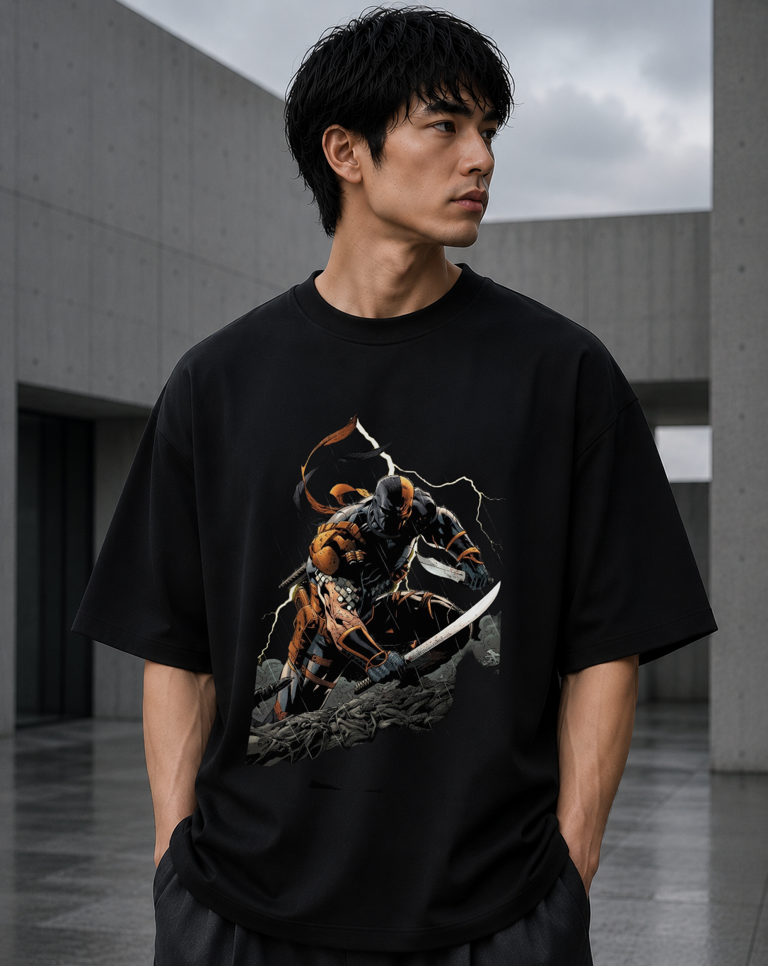 Model wearing black Cosmic Sentinel oversized graphic t-shirt