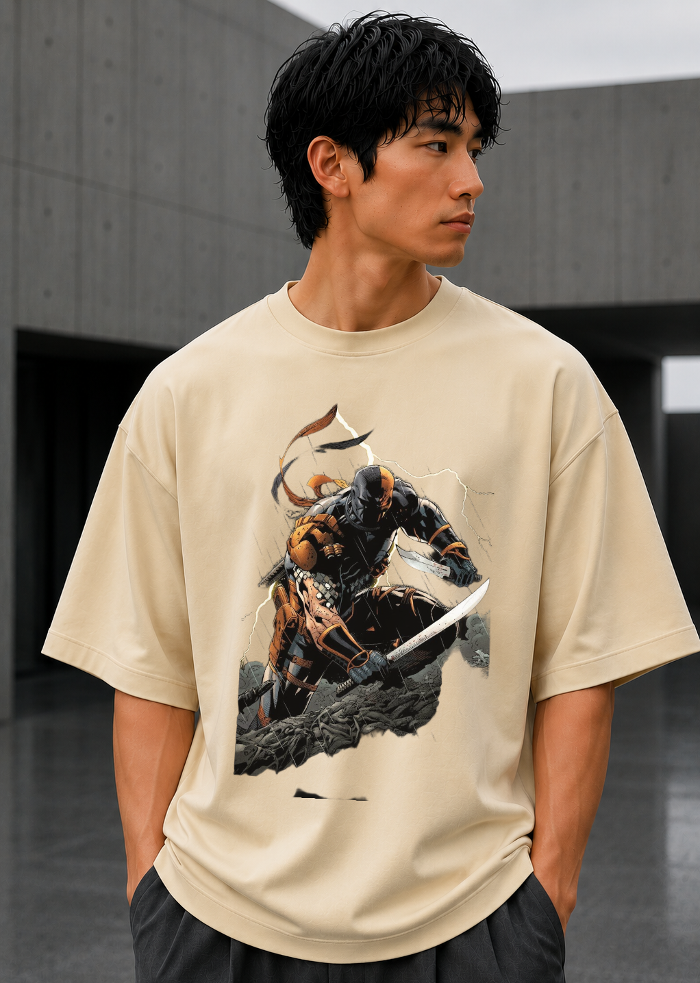 Model wearing oversized off-white graphic t-shirt with Deathstroke print.