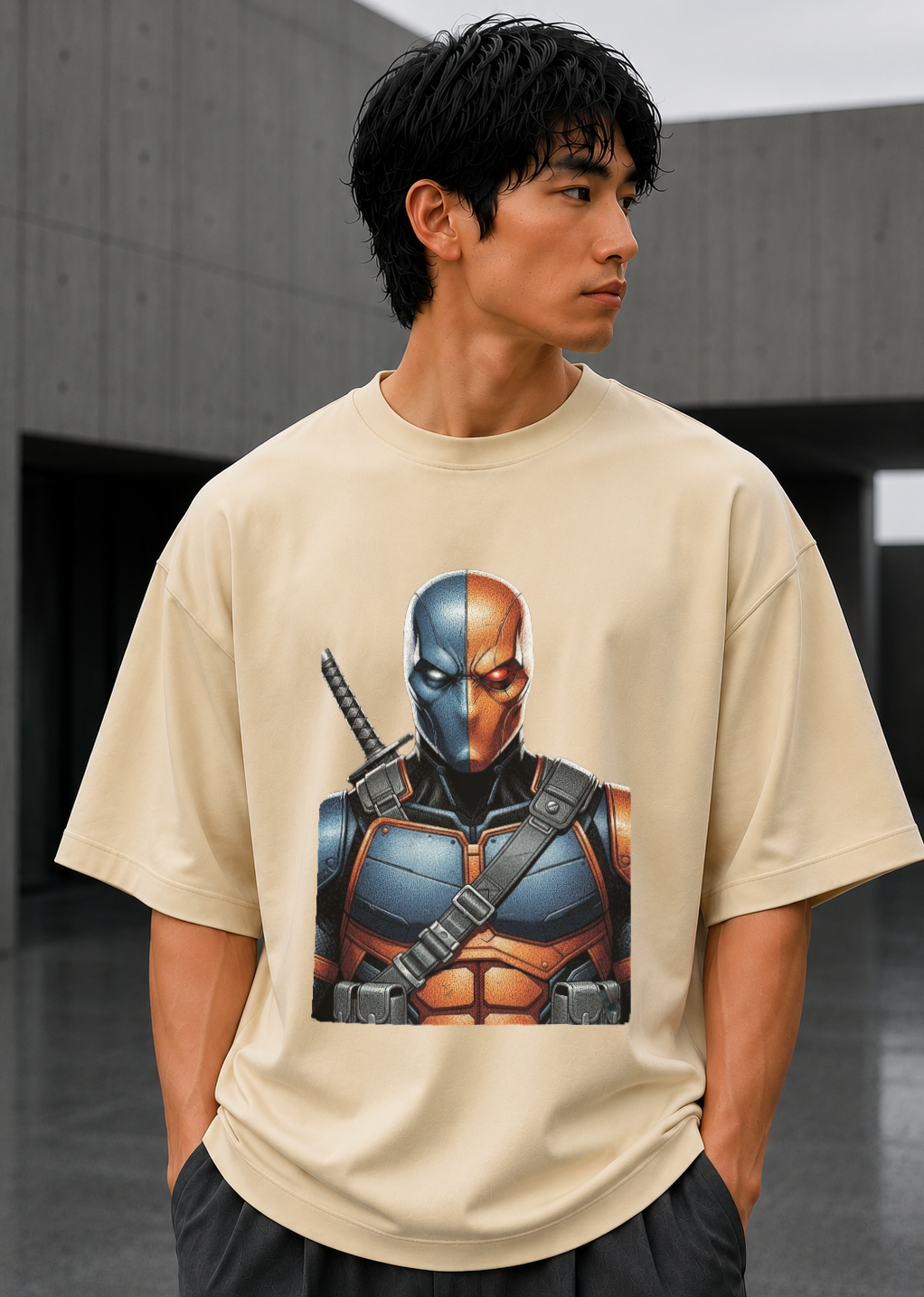 Model wearing oversized tee off-white Superverse graphic t-shirt