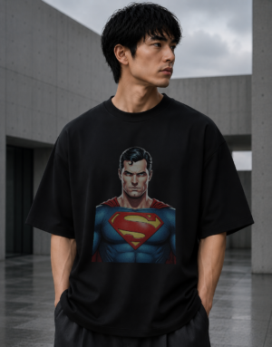 Model wearing black Kryptos Born oversized graphic t-shirt with heroic artwork