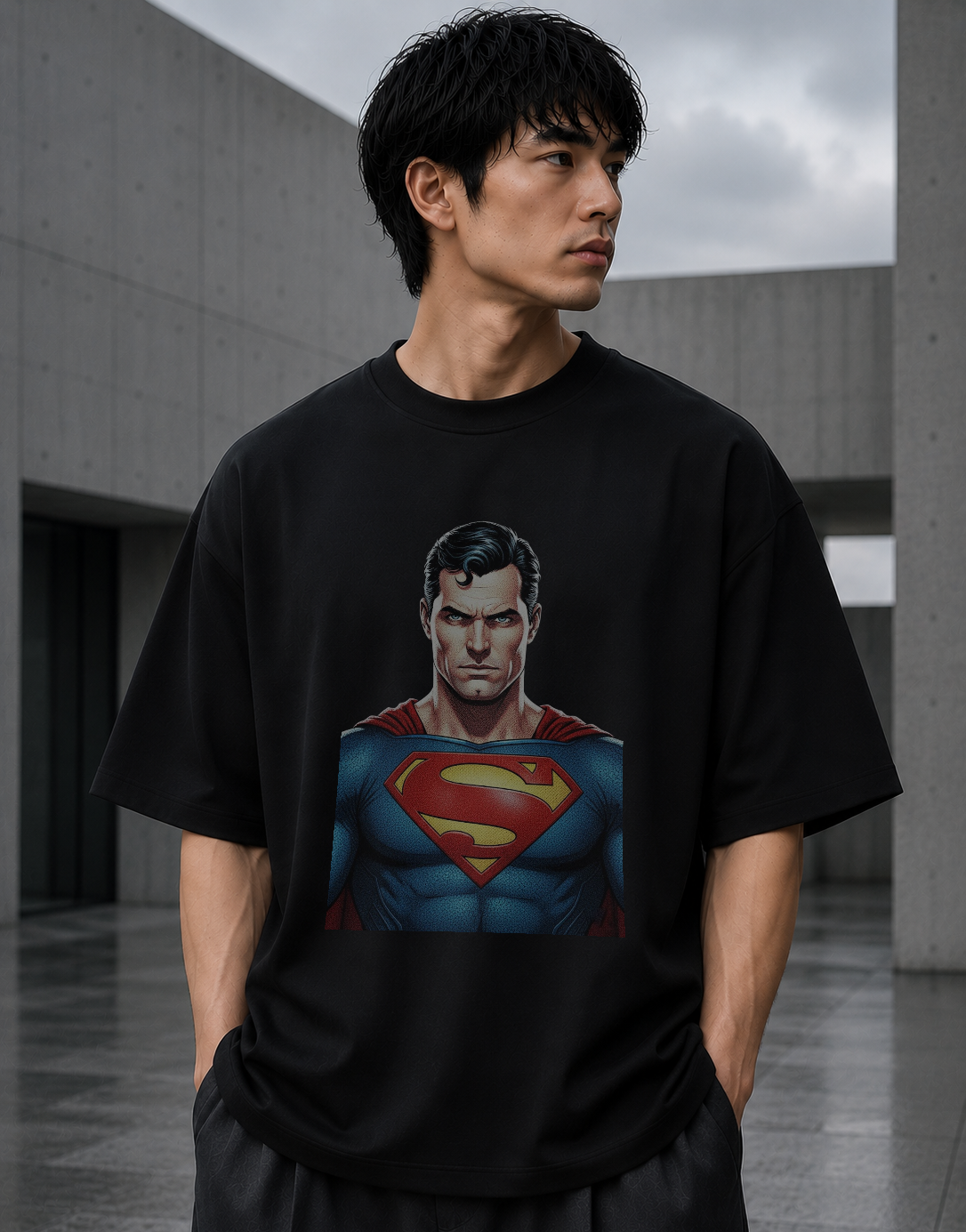 Model wearing black Kryptos Born oversized graphic t-shirt with heroic artwork